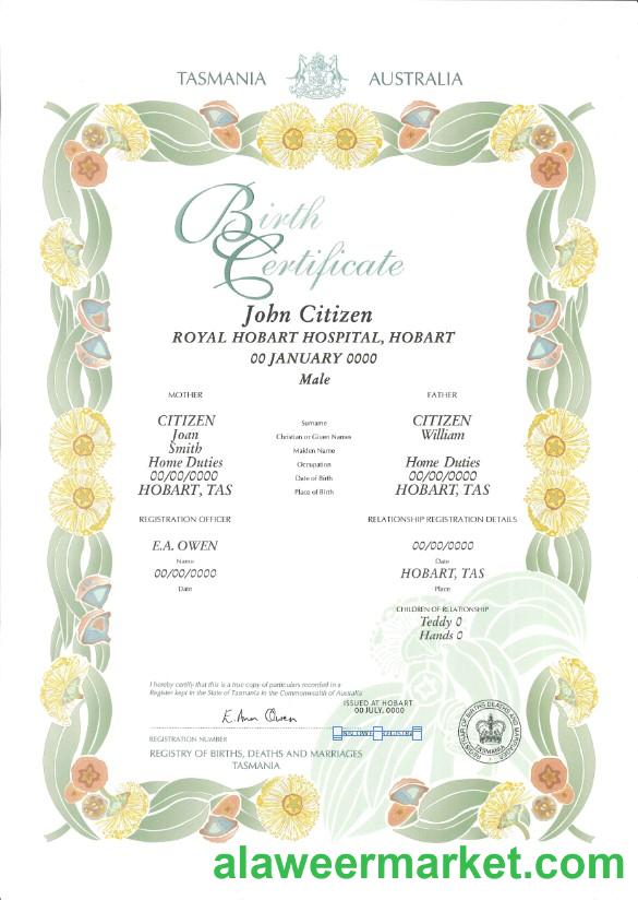 Australia Tasmania decorative (commemorative) birth certificate template in PSD format